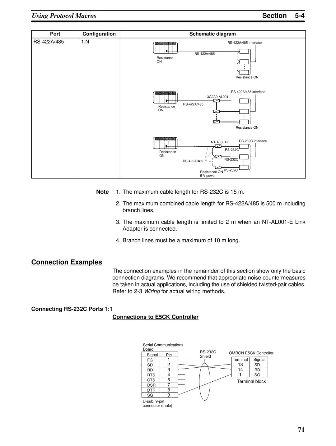 Omron CQM1H-SCB41 operation manual Connection Examples, Connecting RS-232C Ports Connections to E5CK Controller 