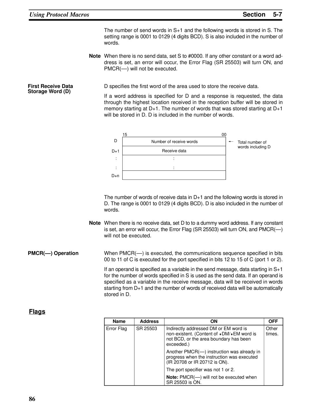 Omron CQM1H-SCB41 operation manual Flags, First Receive Data, Storage Word D, PMCR-- Operation, Name Address 