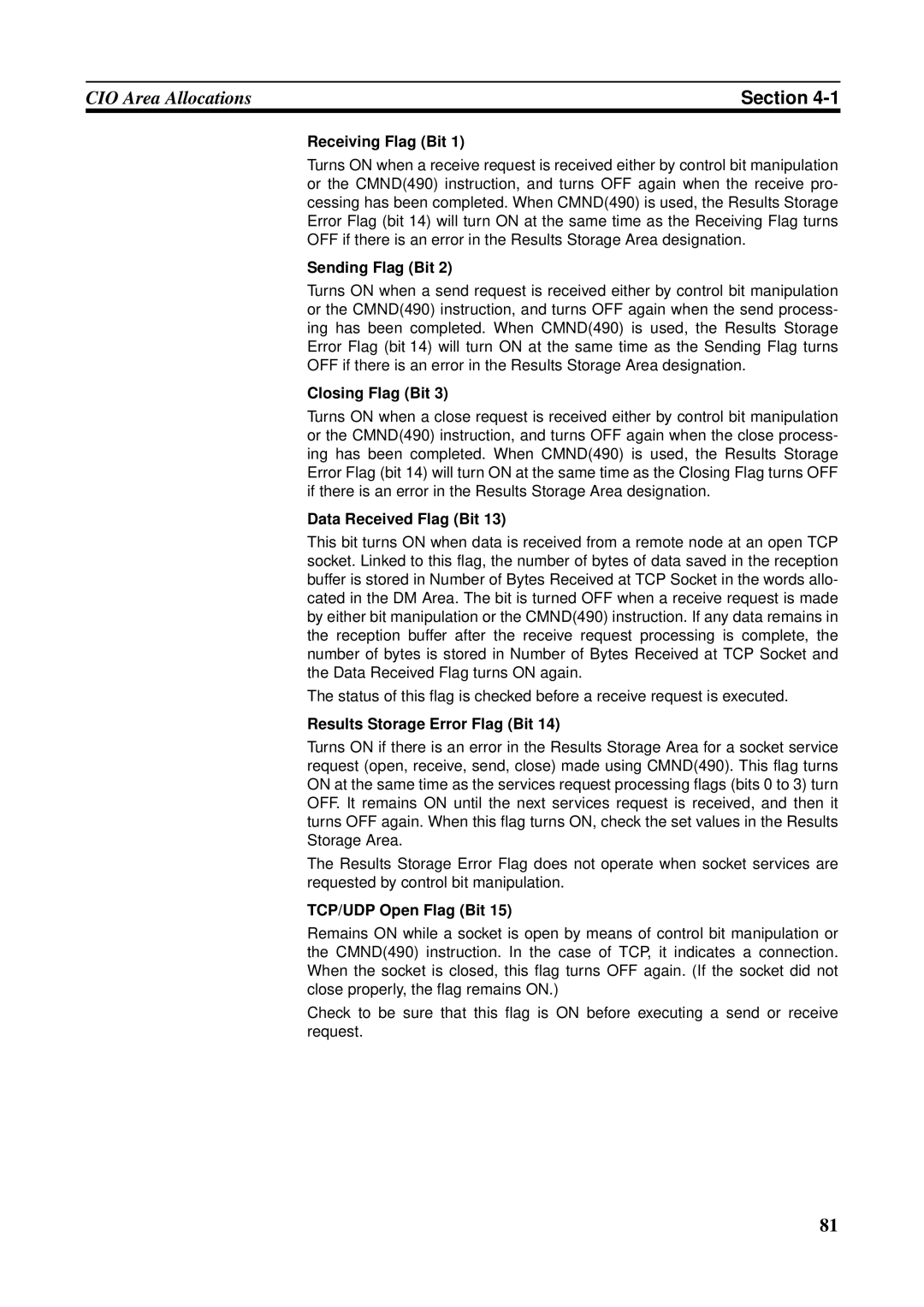 Omron CS1W-ETN21 Receiving Flag Bit, Sending Flag Bit, Closing Flag Bit, Data Received Flag Bit, TCP/UDP Open Flag Bit 