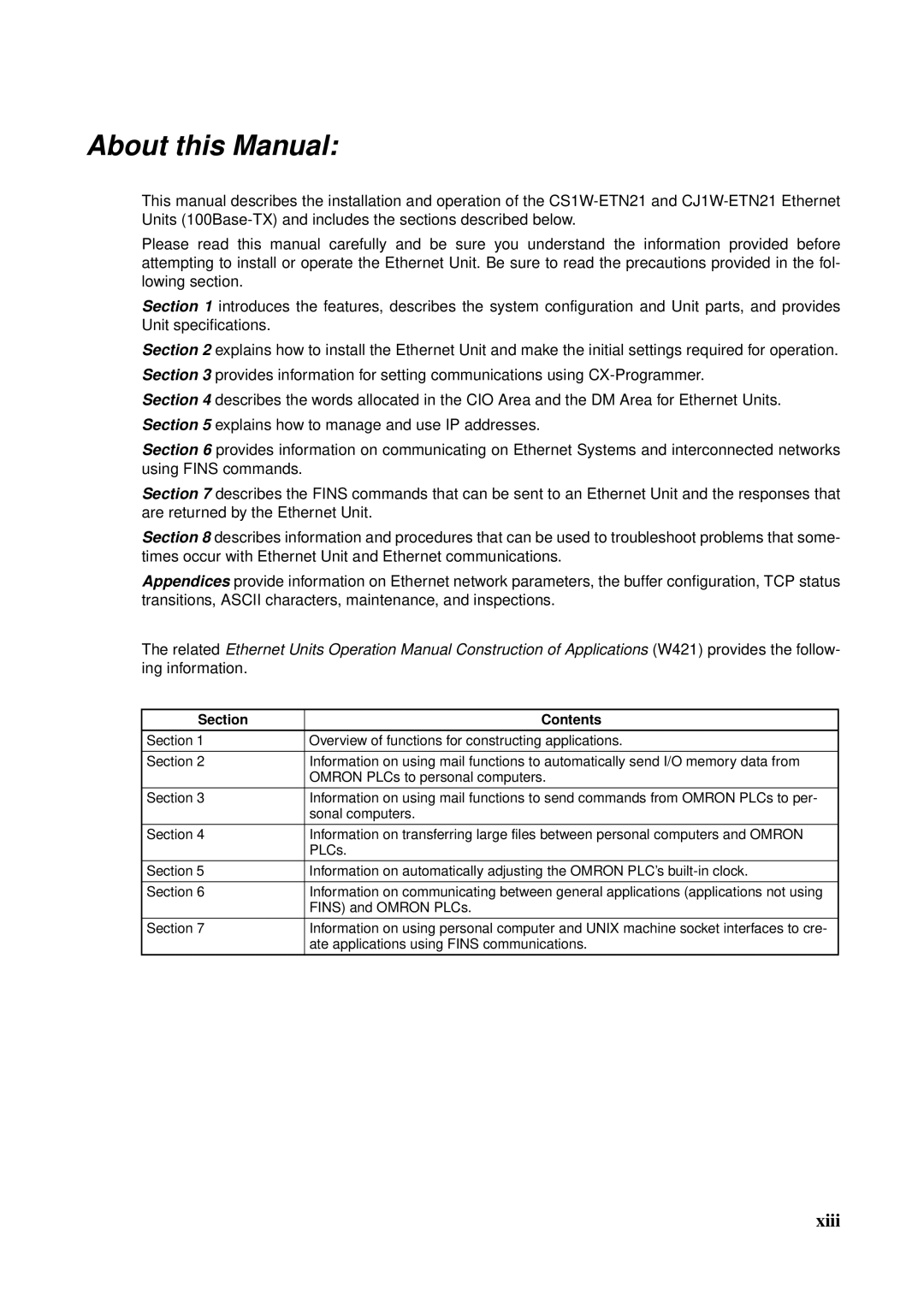 Omron CS1W-ETN21 operation manual About this Manual, Section Contents 