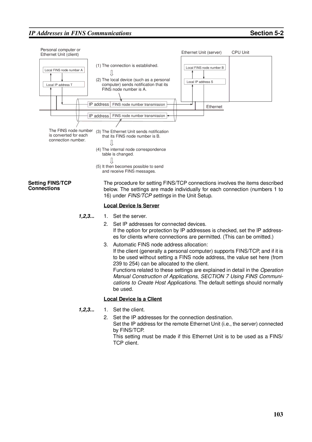 Omron CS1W-ETN21 operation manual Setting FINS/TCP Connections, Local Device Is Server, Local Device Is a Client 