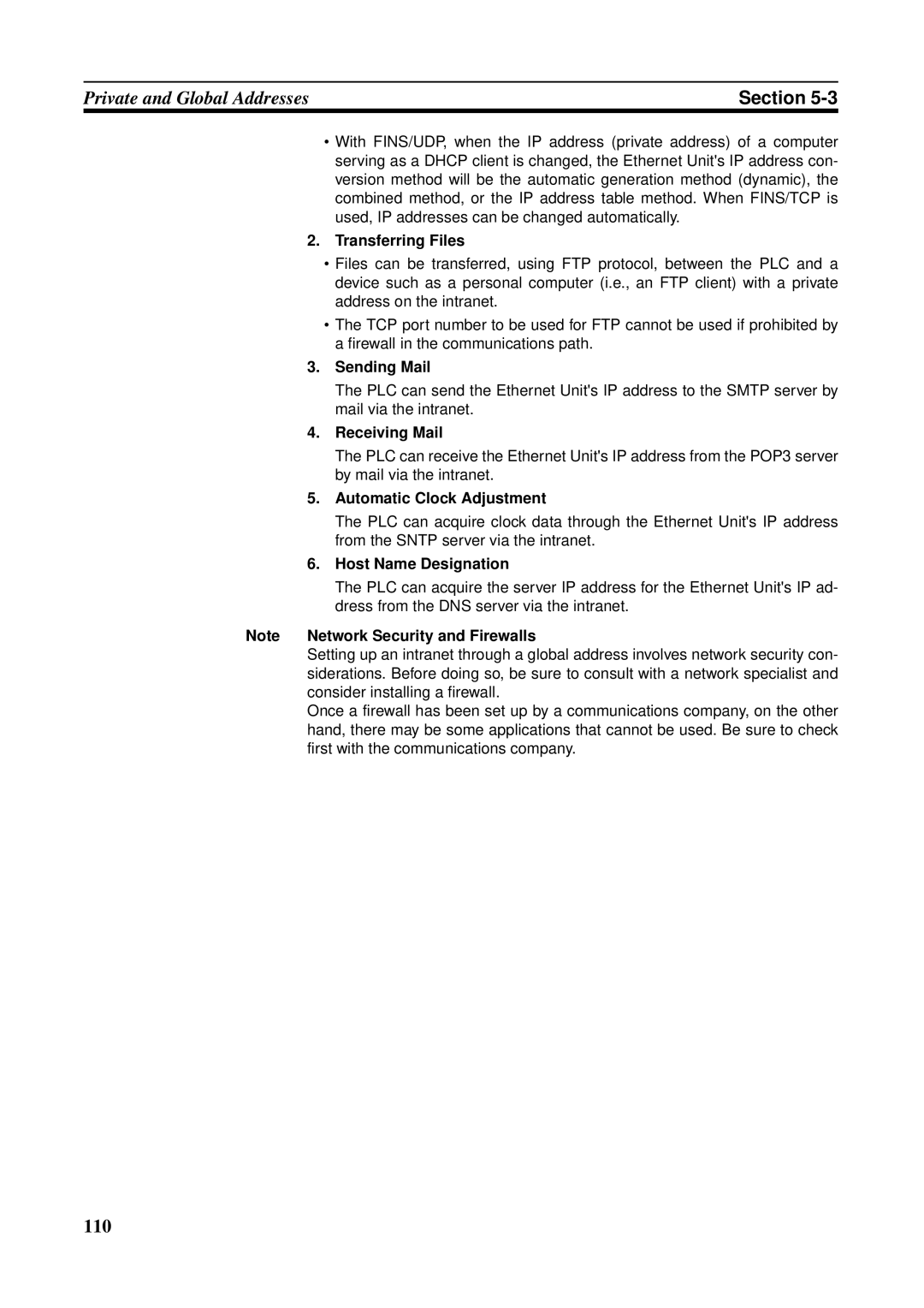 Omron CS1W-ETN21 Transferring Files, Sending Mail, Receiving Mail, Automatic Clock Adjustment, Host Name Designation 