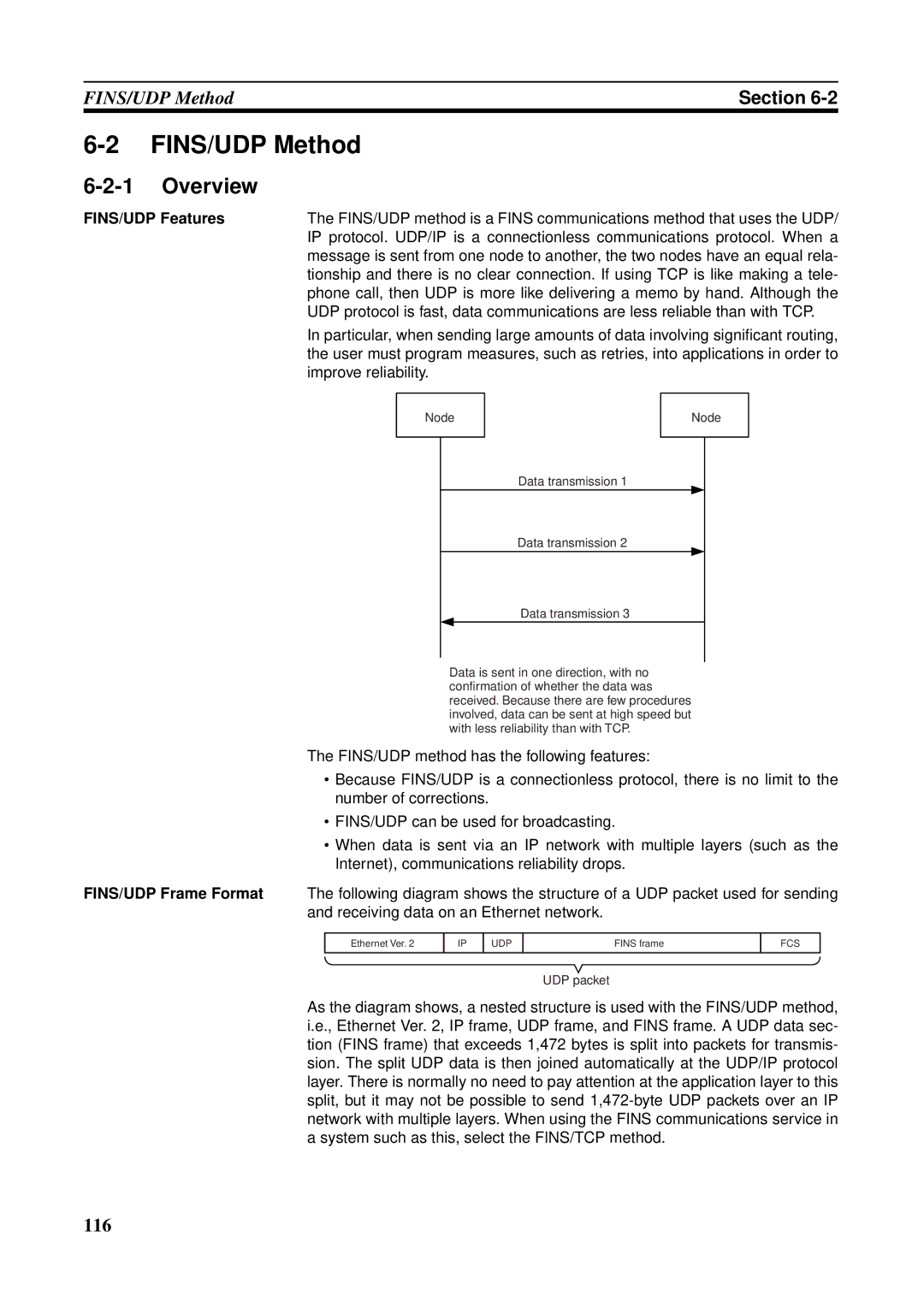 Omron CS1W-ETN21 operation manual FINS/UDP Method, Overview, FINS/UDP Features 