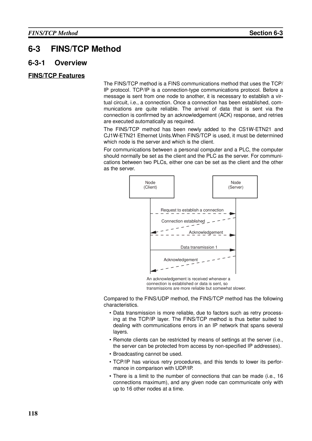 Omron CS1W-ETN21 operation manual FINS/TCP Method, FINS/TCP Features 