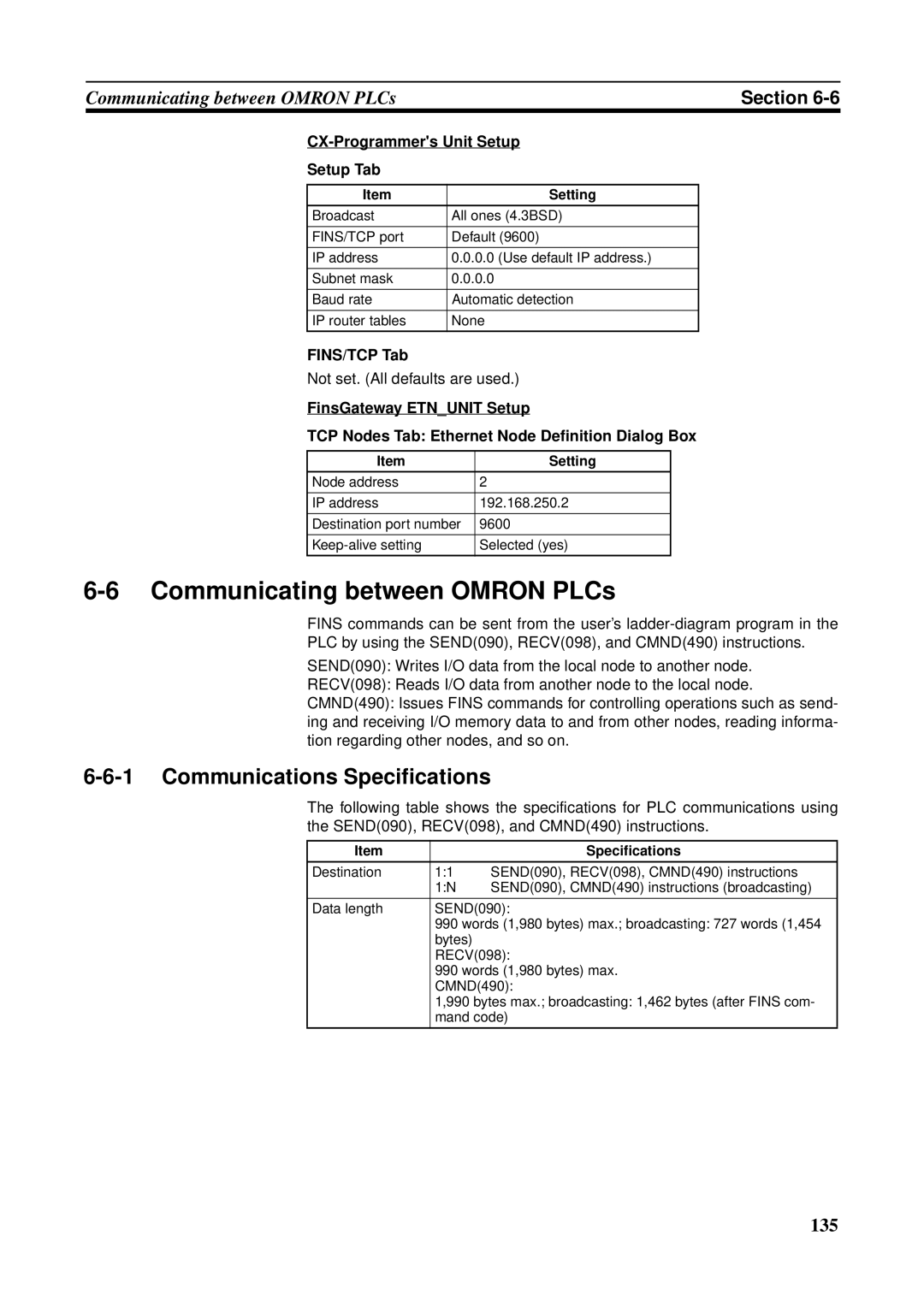 Omron CS1W-ETN21 Communicating between Omron PLCs, Communications Specifications, CX-Programmers Unit Setup, FINS/TCP Tab 