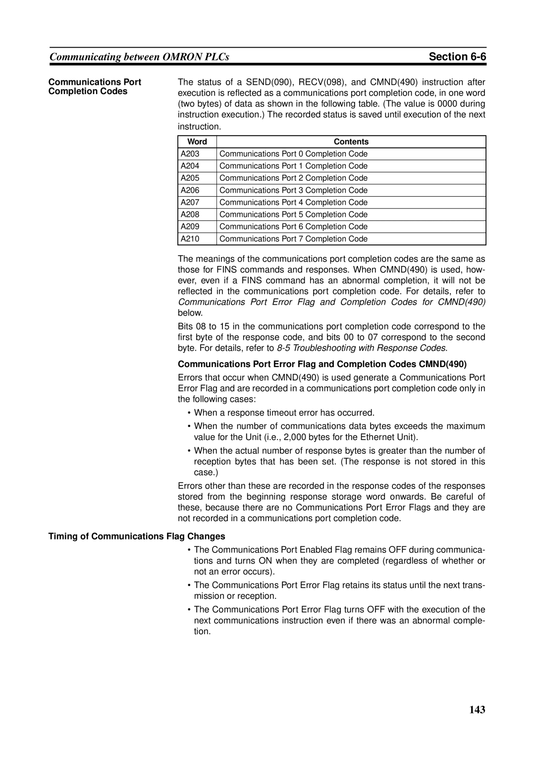 Omron CS1W-ETN21 Communications Port Completion Codes, Communications Port Error Flag and Completion Codes CMND490 