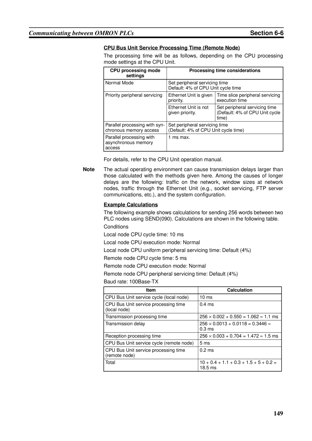 Omron CS1W-ETN21 operation manual CPU Bus Unit Service Processing Time Remote Node, Example Calculations 