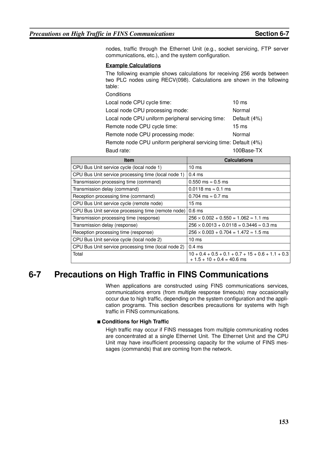 Omron CS1W-ETN21 Precautions on High Traffic in Fins Communications, Conditions for High Traffic, Calculations 