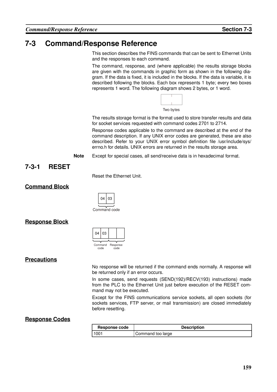 Omron CS1W-ETN21 operation manual Command/Response Reference, Reset 