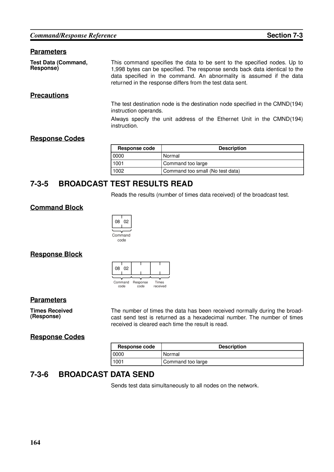 Omron CS1W-ETN21 operation manual Broadcast Test Results Read, Broadcast Data Send, Command Block Response Block Parameters 