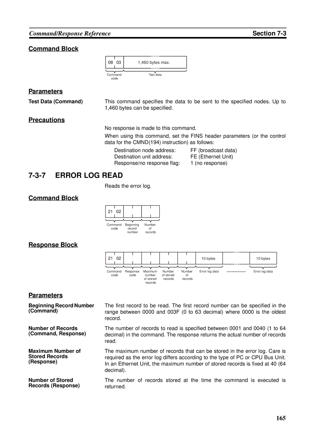 Omron CS1W-ETN21 operation manual Error LOG Read, Test Data Command, Bytes can be specified, Reads the error log 