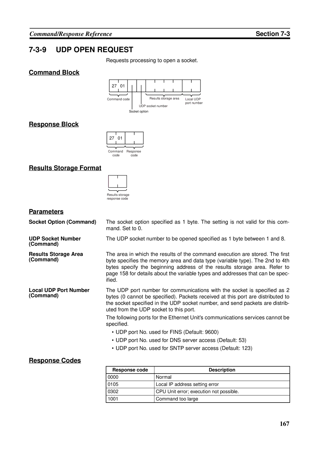 Omron CS1W-ETN21 operation manual UDP Open Request, Results Storage Format, Requests processing to open a socket 