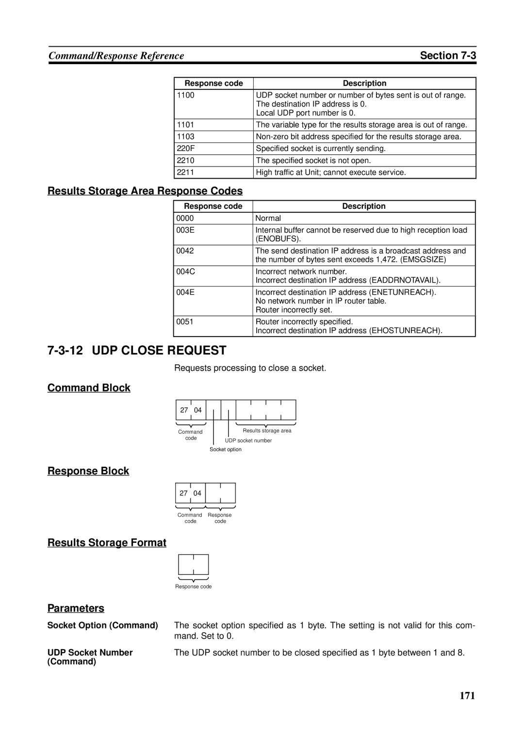 Omron CS1W-ETN21 operation manual UDP Close Request, Requests processing to close a socket 