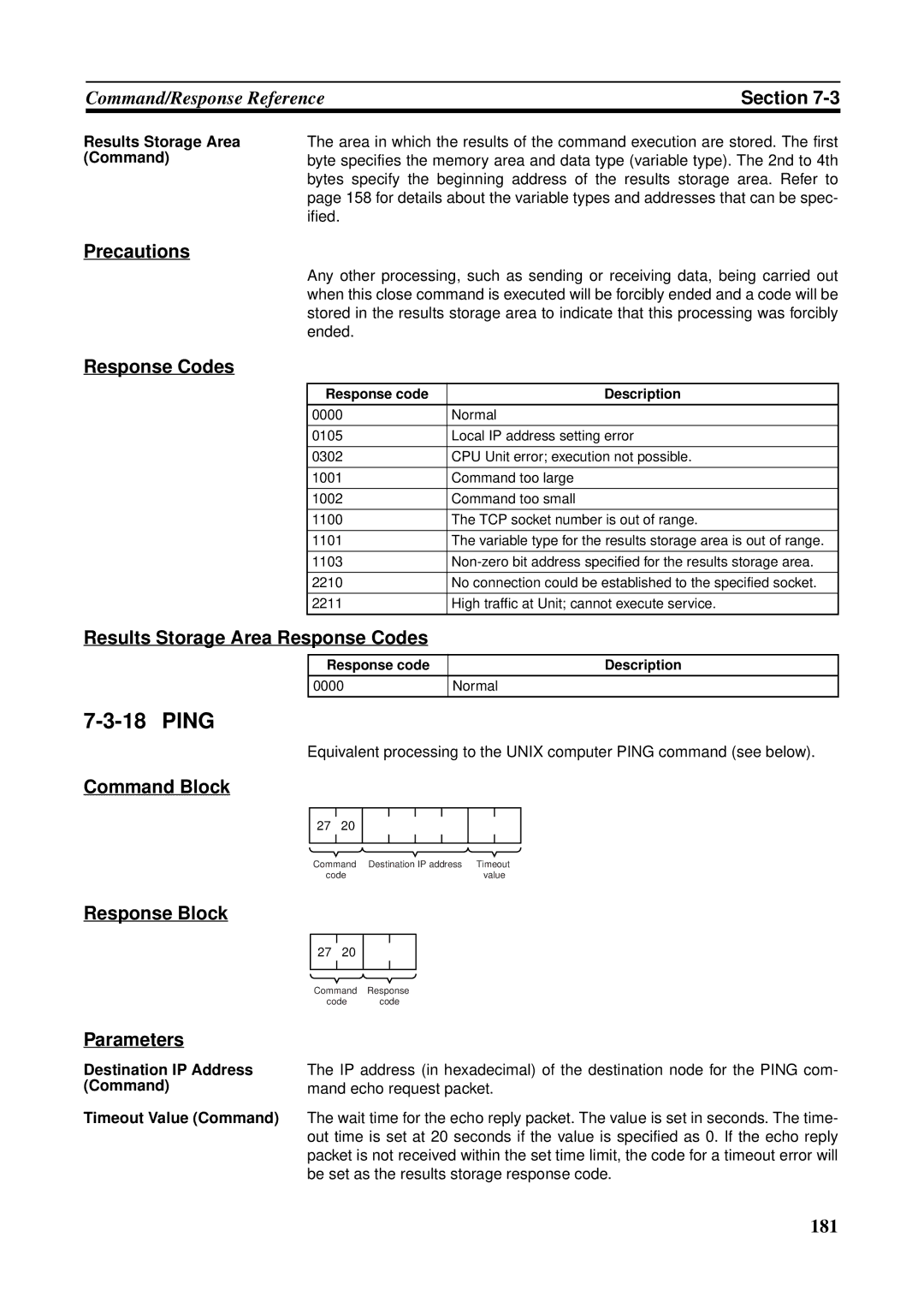 Omron CS1W-ETN21 operation manual Ping, Response Block Parameters, Destination IP Address Command Timeout Value Command 
