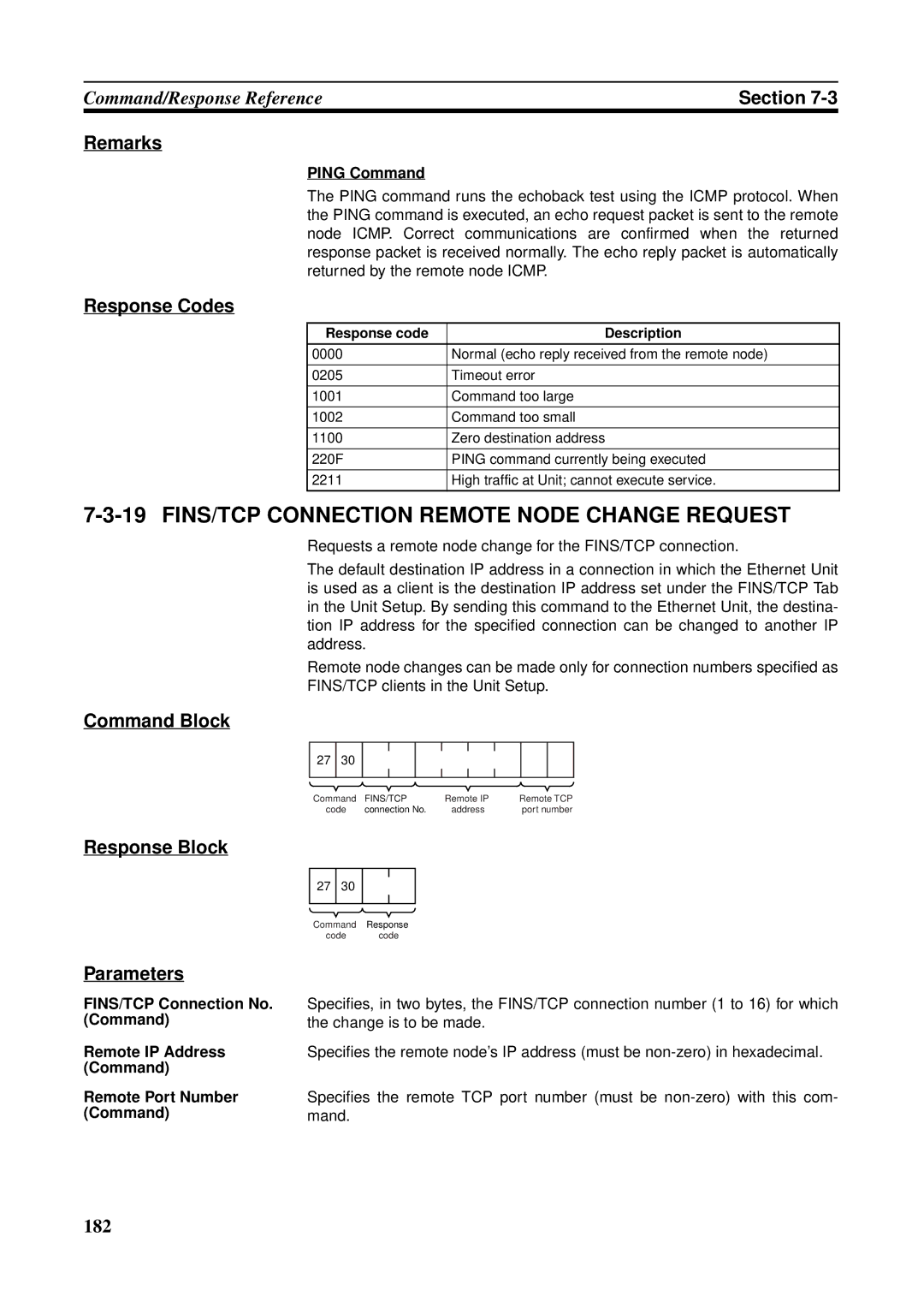 Omron CS1W-ETN21 operation manual FINS/TCP Connection Remote Node Change Request, Remarks, Ping Command 