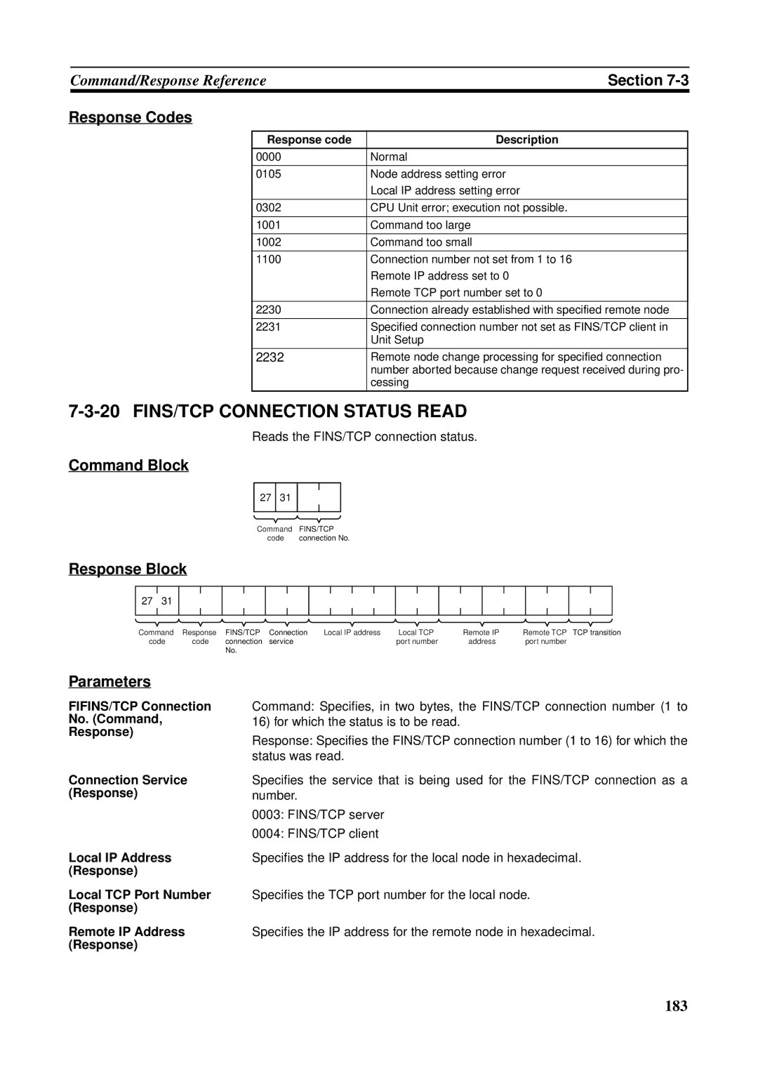 Omron CS1W-ETN21 operation manual FINS/TCP Connection Status Read, 2232, Reads the FINS/TCP connection status 