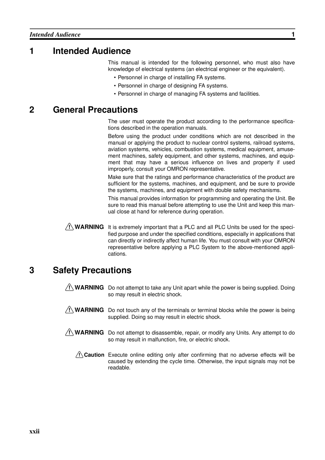 Omron CS1W-ETN21 operation manual Intended Audience, General Precautions, Safety Precautions 