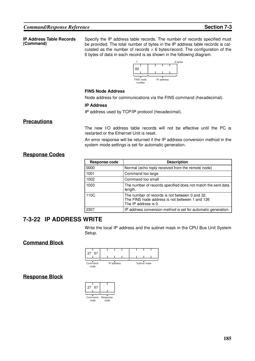 Omron CS1W-ETN21 IP Address Write, Precautions Response Codes, IP Address Table Records Command, Fins Node Address 