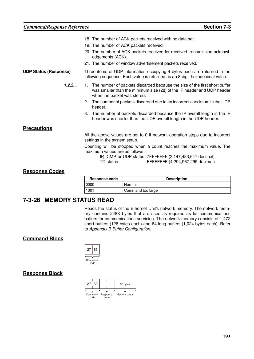 Omron CS1W-ETN21 operation manual Memory Status Read, Precautions 