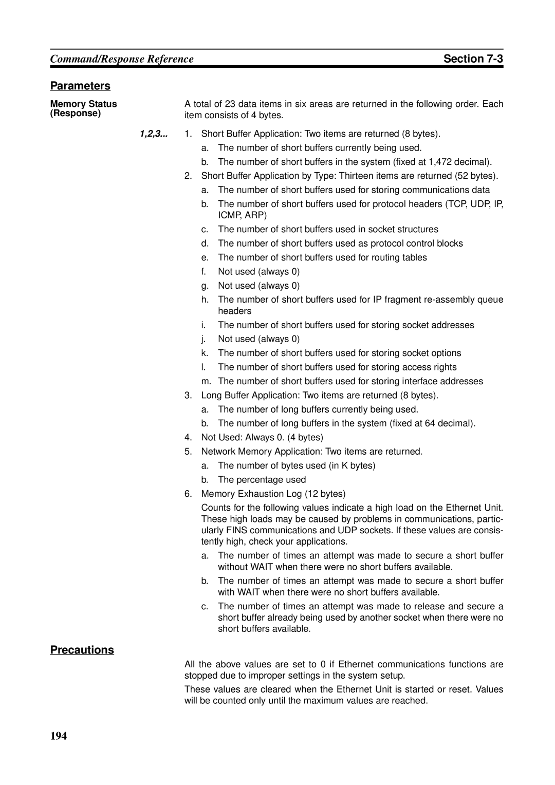 Omron CS1W-ETN21 operation manual Parameters, Memory Status Response 