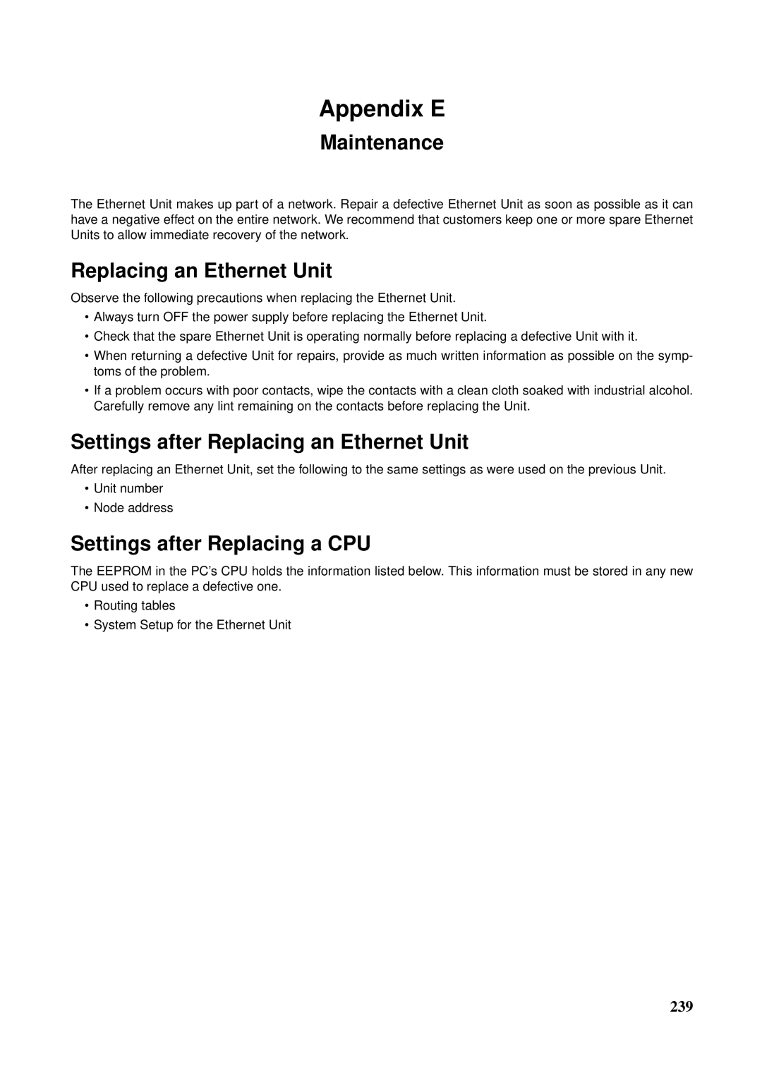 Omron CS1W-ETN21 Maintenance, Settings after Replacing an Ethernet Unit, Settings after Replacing a CPU 