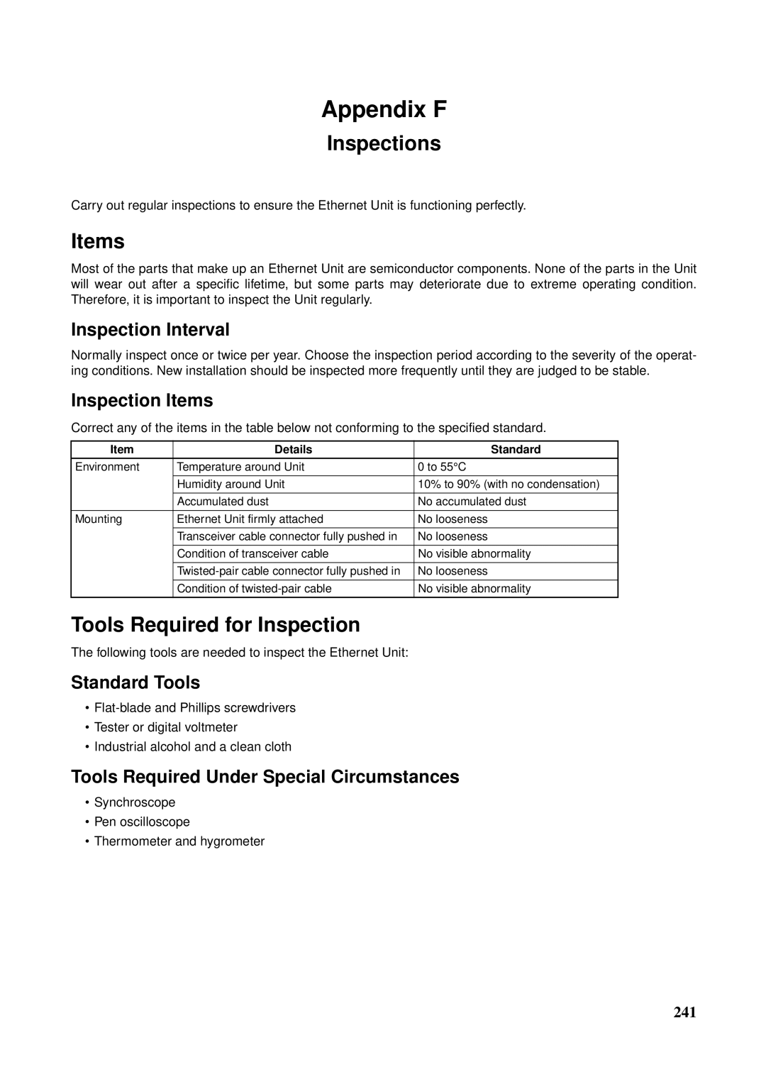 Omron CS1W-ETN21 operation manual Inspections, Items, Tools Required for Inspection 