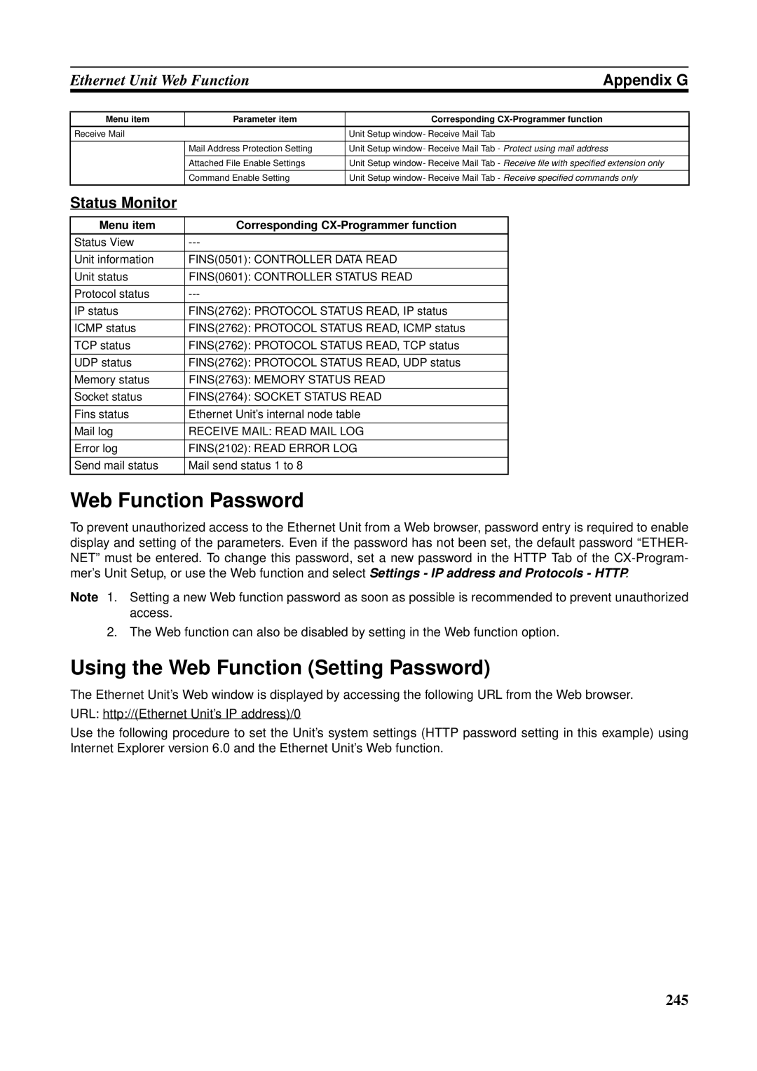 Omron CS1W-ETN21 operation manual Web Function Password, Using the Web Function Setting Password, Status Monitor 