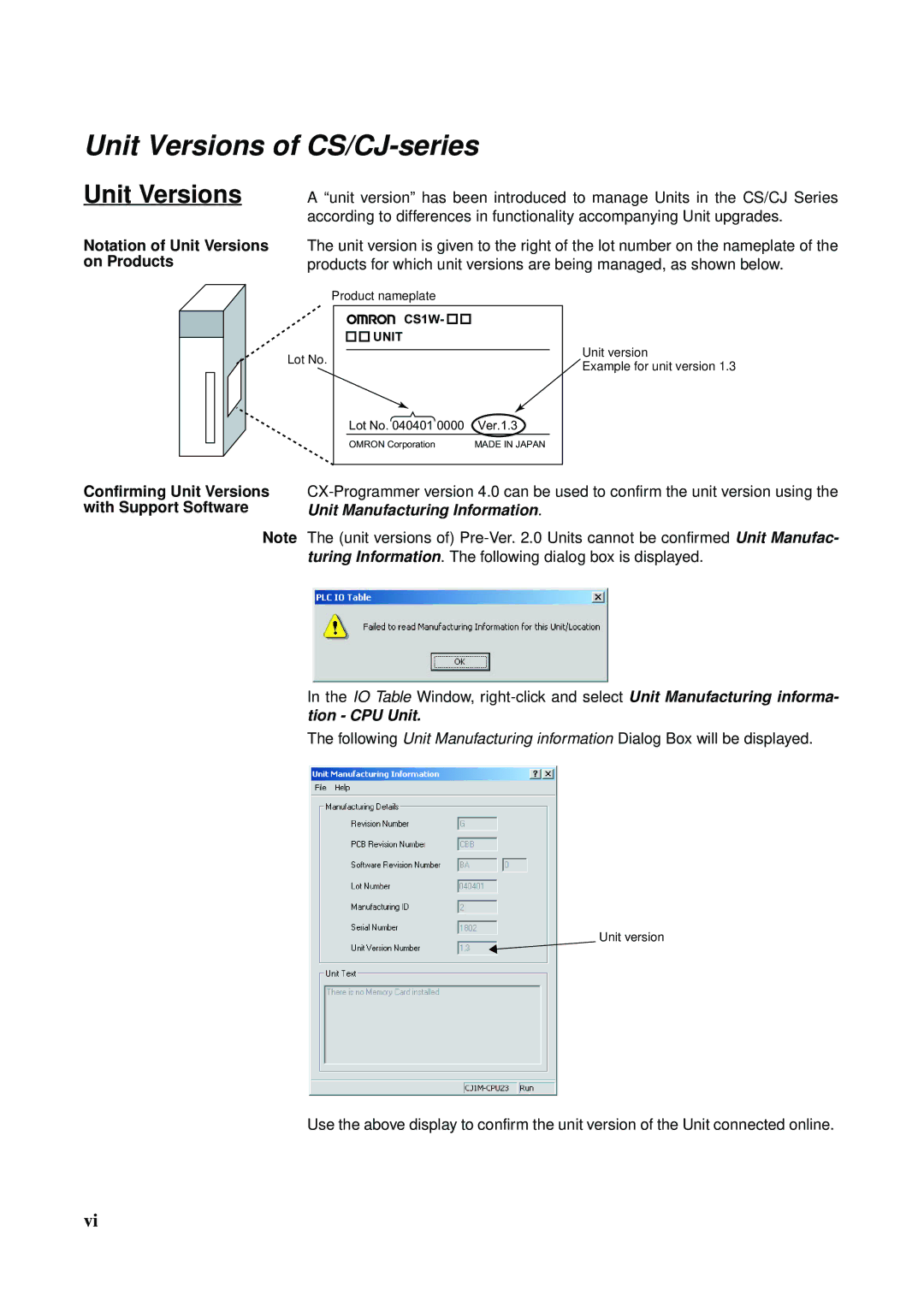 Omron CS1W-ETN21 operation manual Notation of Unit Versions on Products, Confirming Unit Versions with Support Software 