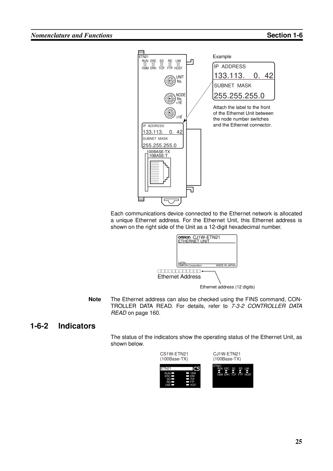 Omron CS1W-ETN21 operation manual Indicators, IP Address, Subnet Mask 