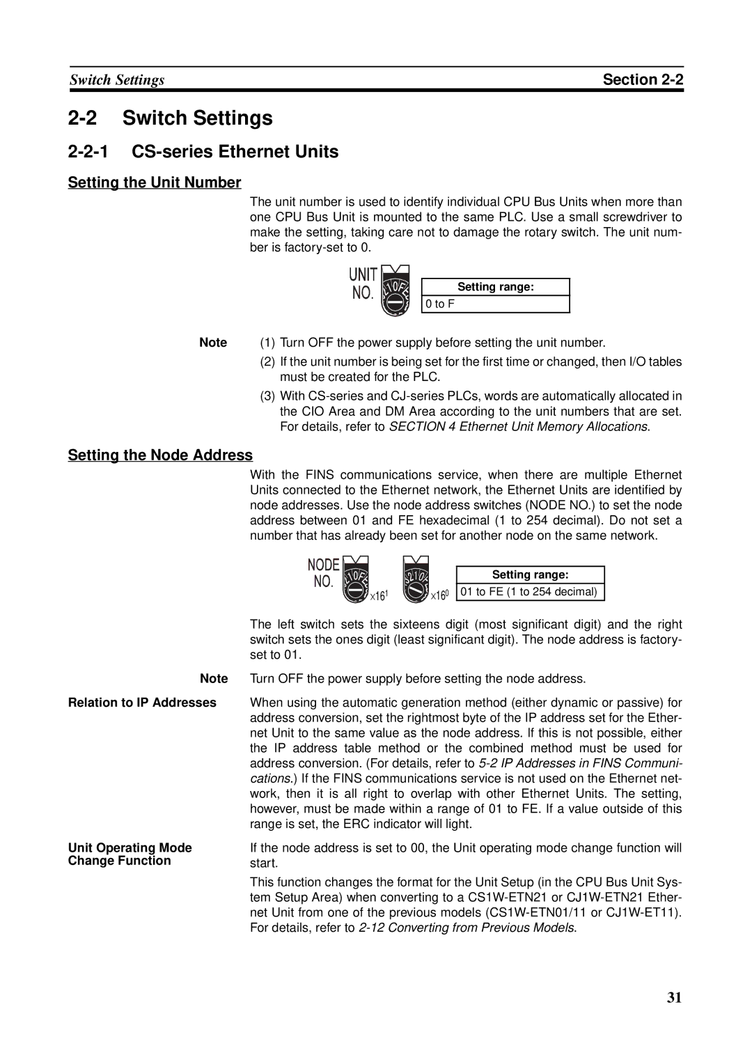 Omron CS1W-ETN21 Switch Settings, CS-series Ethernet Units, Setting the Unit Number, Setting the Node Address 
