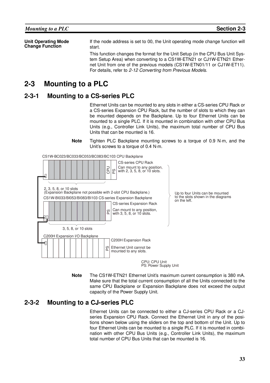 Omron CS1W-ETN21 operation manual Mounting to a PLC, Mounting to a CS-series PLC, Mounting to a CJ-series PLC 