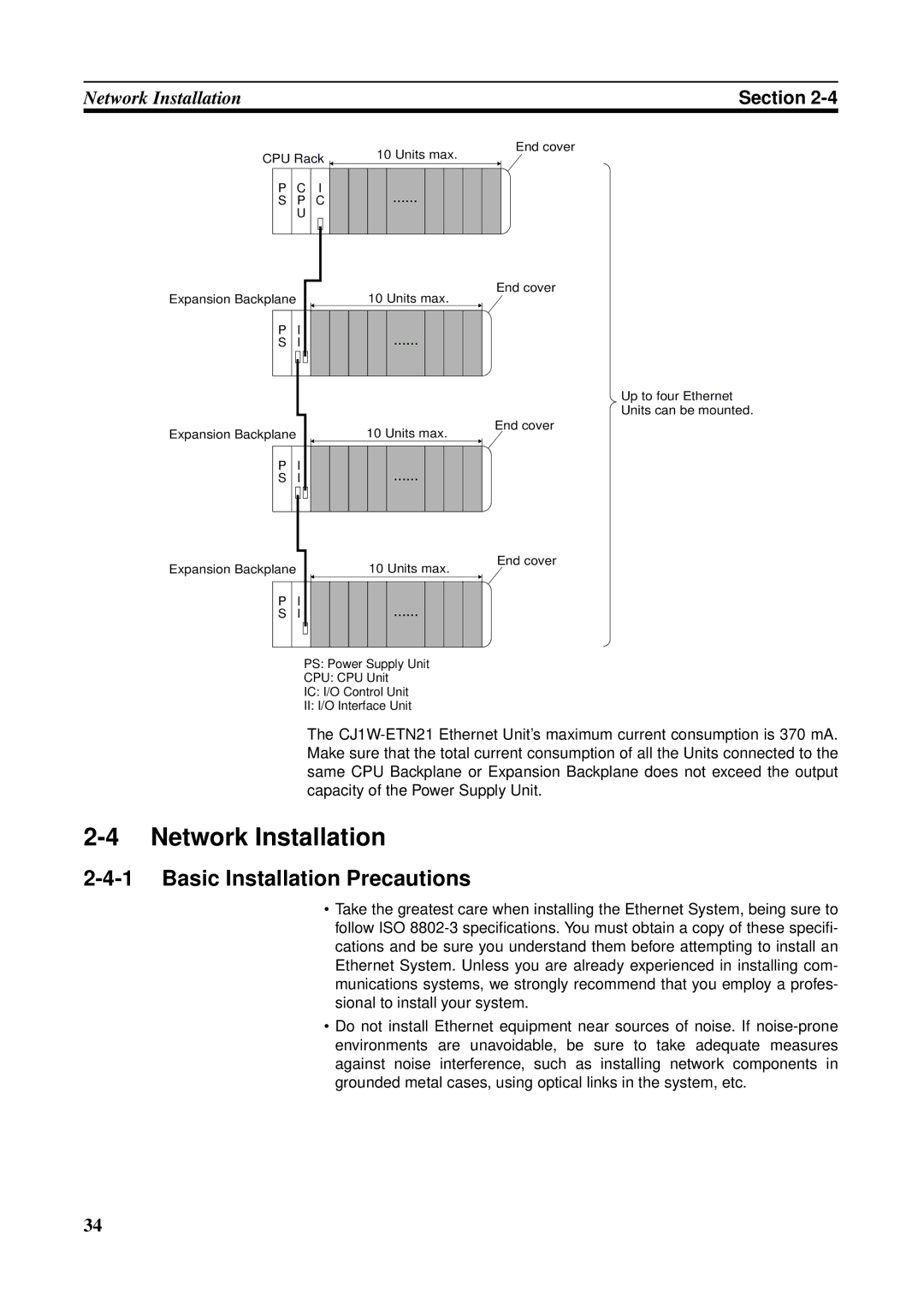 Omron CS1W-ETN21 operation manual Network Installation, Basic Installation Precautions 