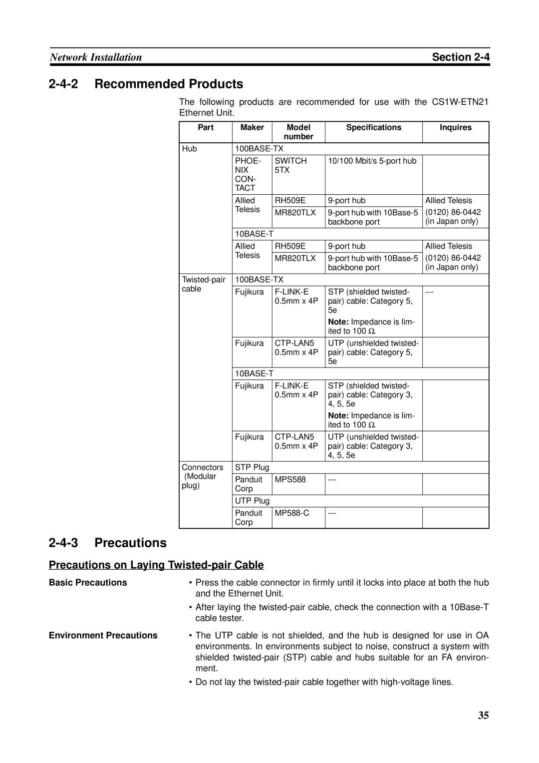 Omron CS1W-ETN21 Recommended Products, Precautions on Laying Twisted-pair Cable, Ethernet Unit, Basic Precautions 