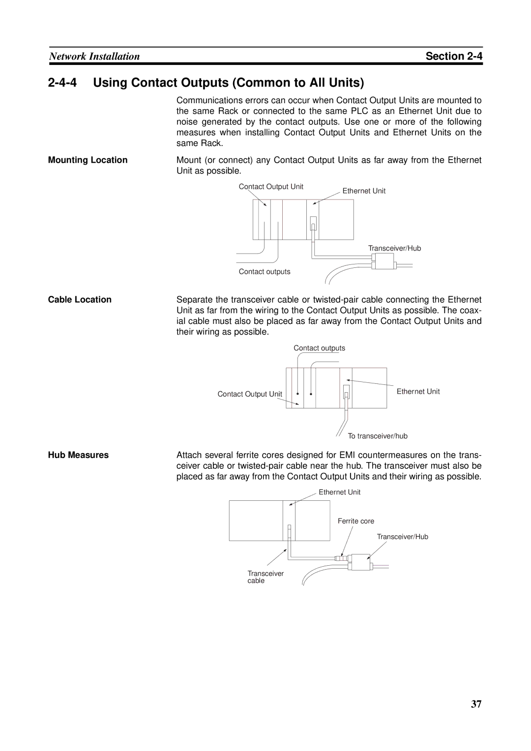 Omron CS1W-ETN21 Using Contact Outputs Common to All Units, Mounting Location, Cable Location, Hub Measures 