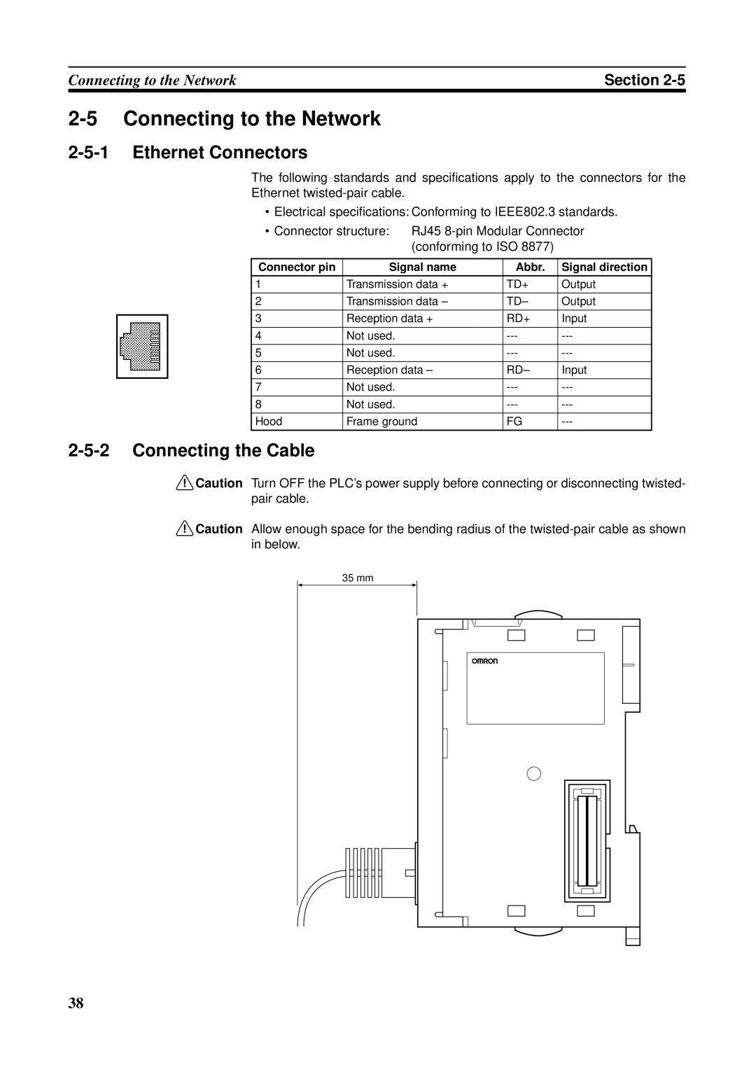 Omron CS1W-ETN21 operation manual Connecting to the Network, Ethernet Connectors, Connecting the Cable 