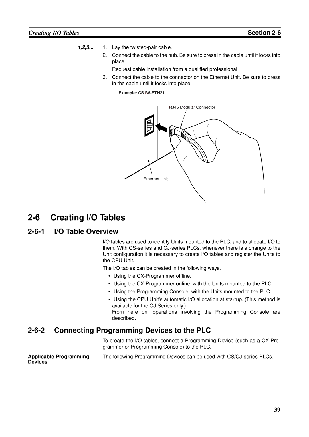 Omron CS1W-ETN21 operation manual Creating I/O Tables, 1 I/O Table Overview, Connecting Programming Devices to the PLC 