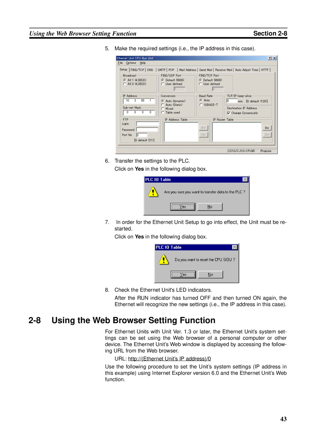 Omron CS1W-ETN21 operation manual Using the Web Browser Setting Function 