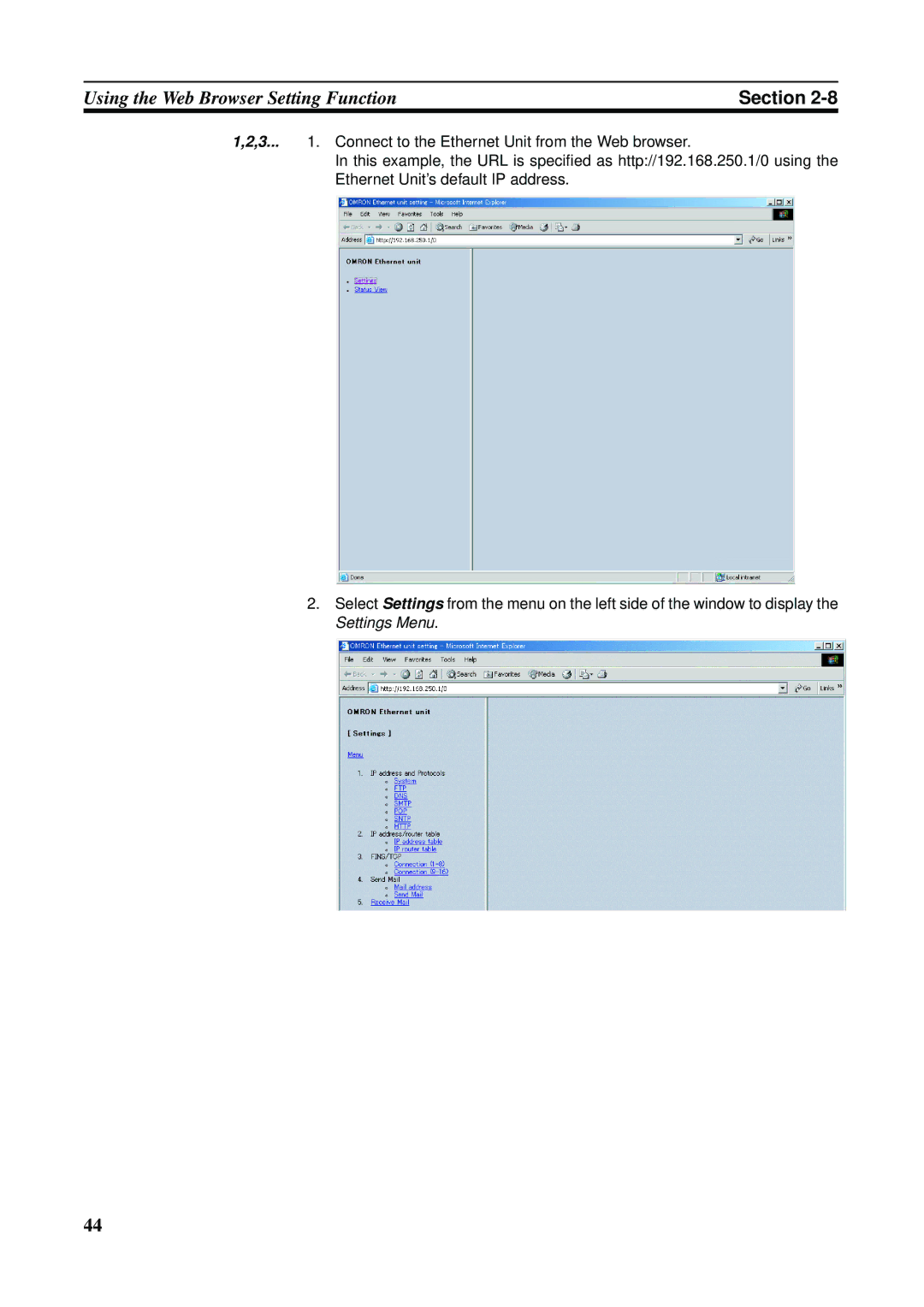 Omron CS1W-ETN21 operation manual Connect to the Ethernet Unit from the Web browser 