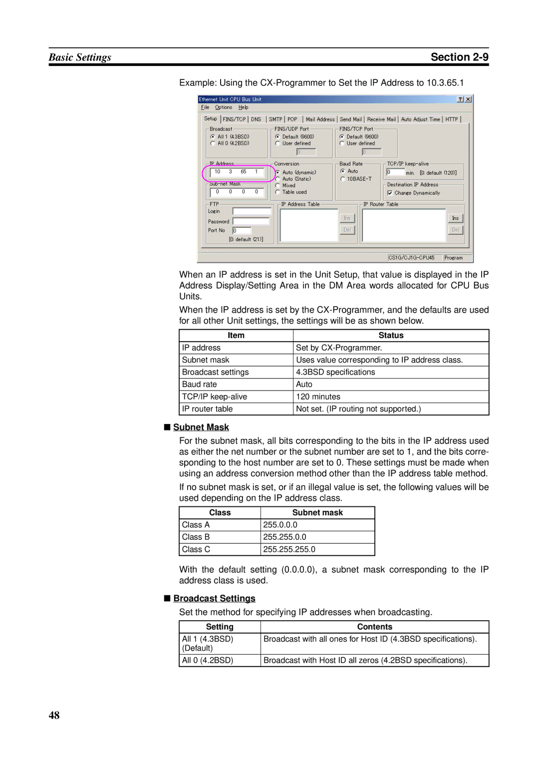 Omron CS1W-ETN21 operation manual Subnet Mask, Broadcast Settings, Class Subnet mask, Setting Contents 