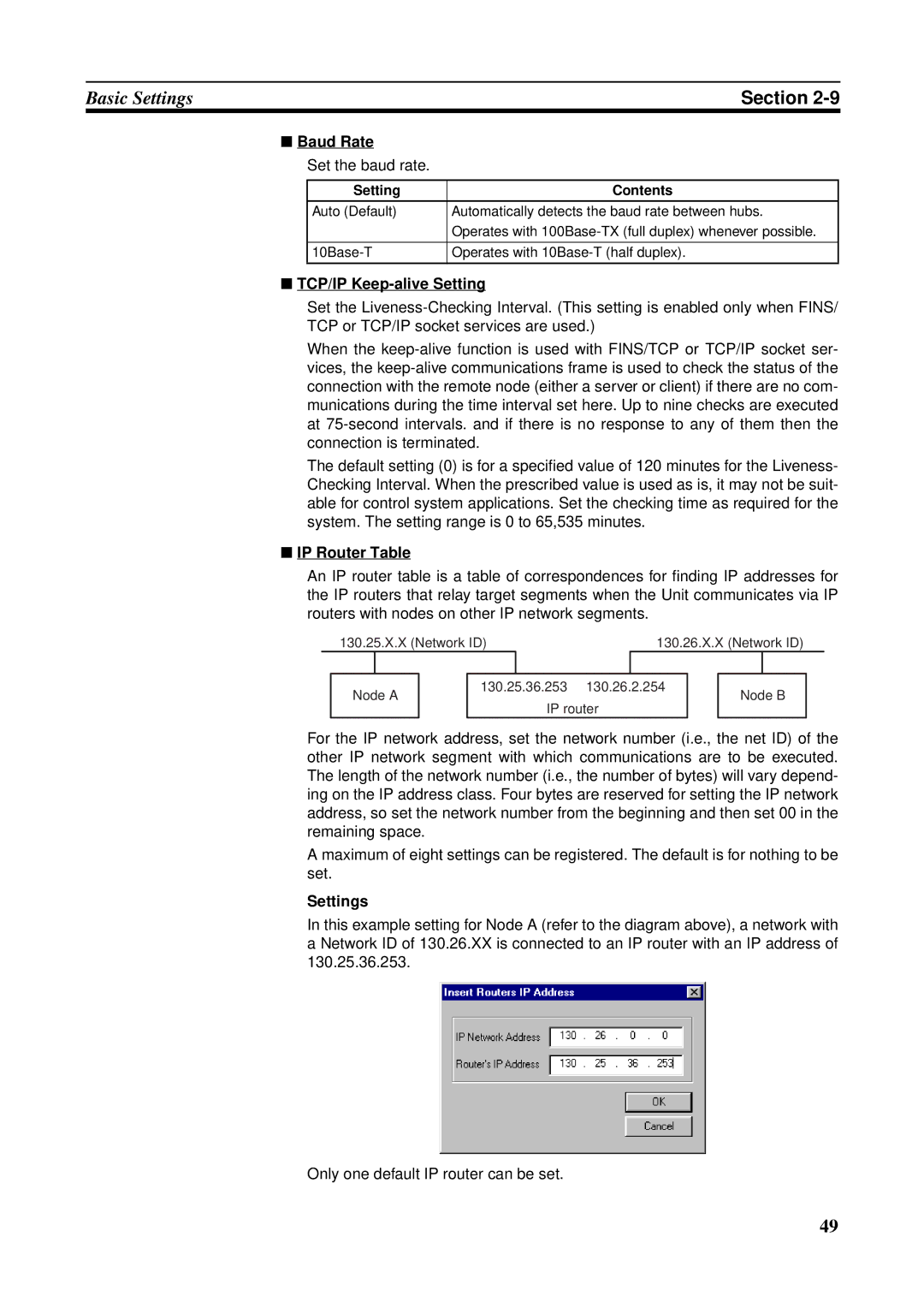 Omron CS1W-ETN21 operation manual Baud Rate, Set the baud rate, TCP/IP Keep-alive Setting, IP Router Table, Settings 