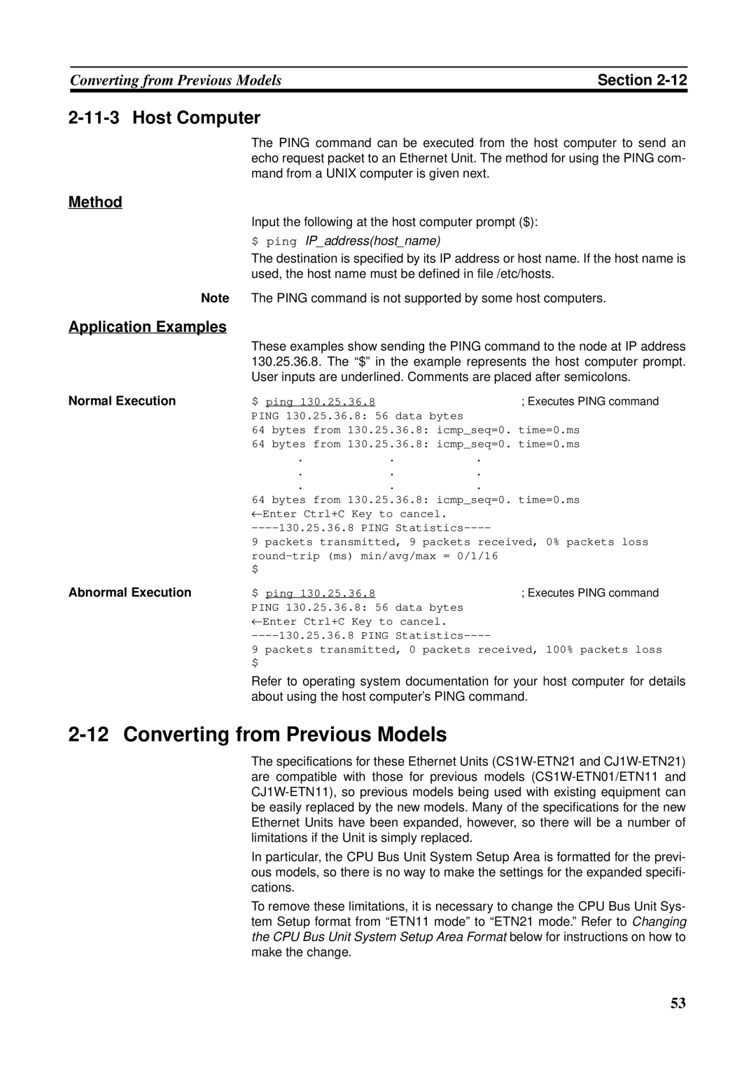 Omron CS1W-ETN21 Converting from Previous Models, Host Computer, Method, Application Examples, Normal Execution 