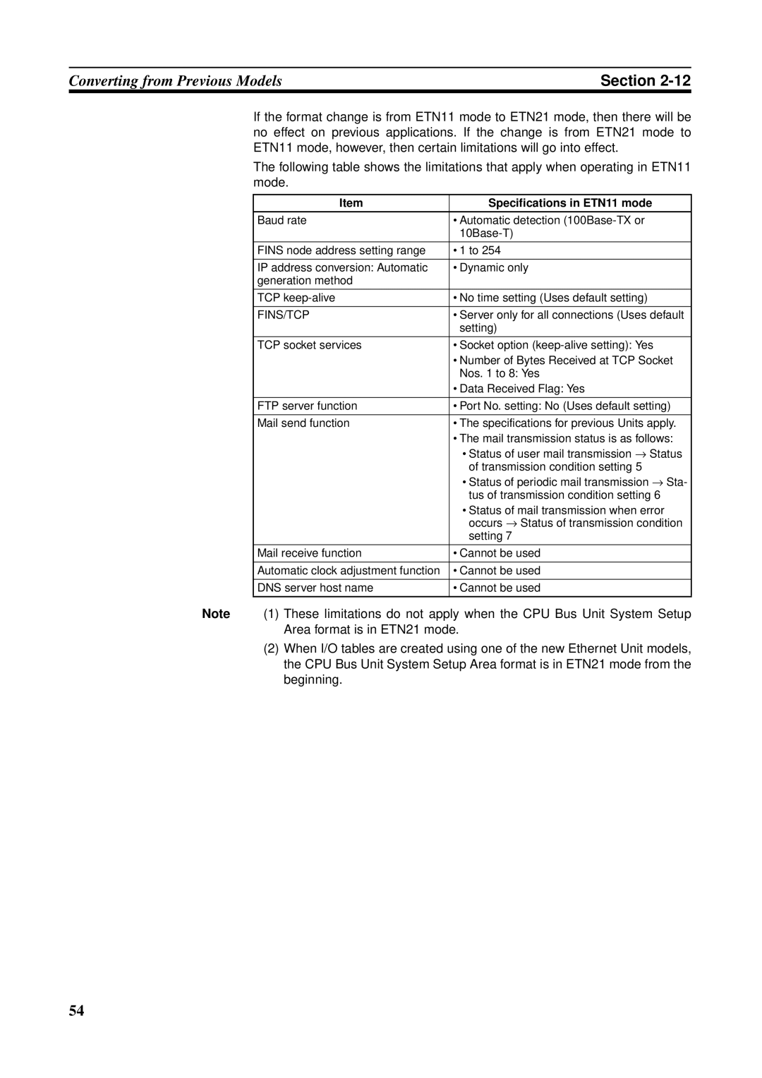 Omron CS1W-ETN21 operation manual Specifications in ETN11 mode, Fins/Tcp 