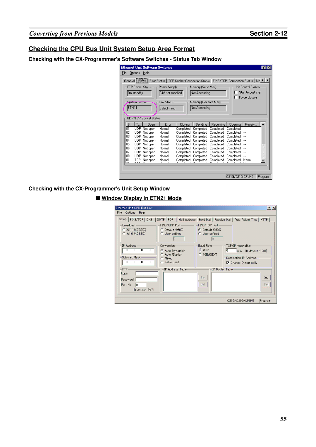 Omron CS1W-ETN21 operation manual Checking the CPU Bus Unit System Setup Area Format 