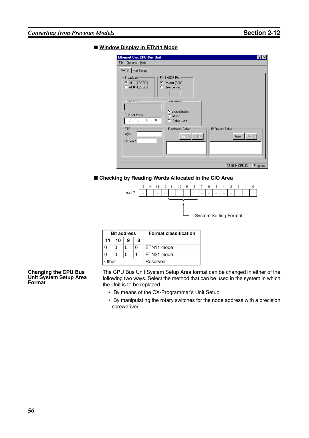 Omron CS1W-ETN21 operation manual Changing the CPU Bus Unit System Setup Area Format, Bit address Format classification 