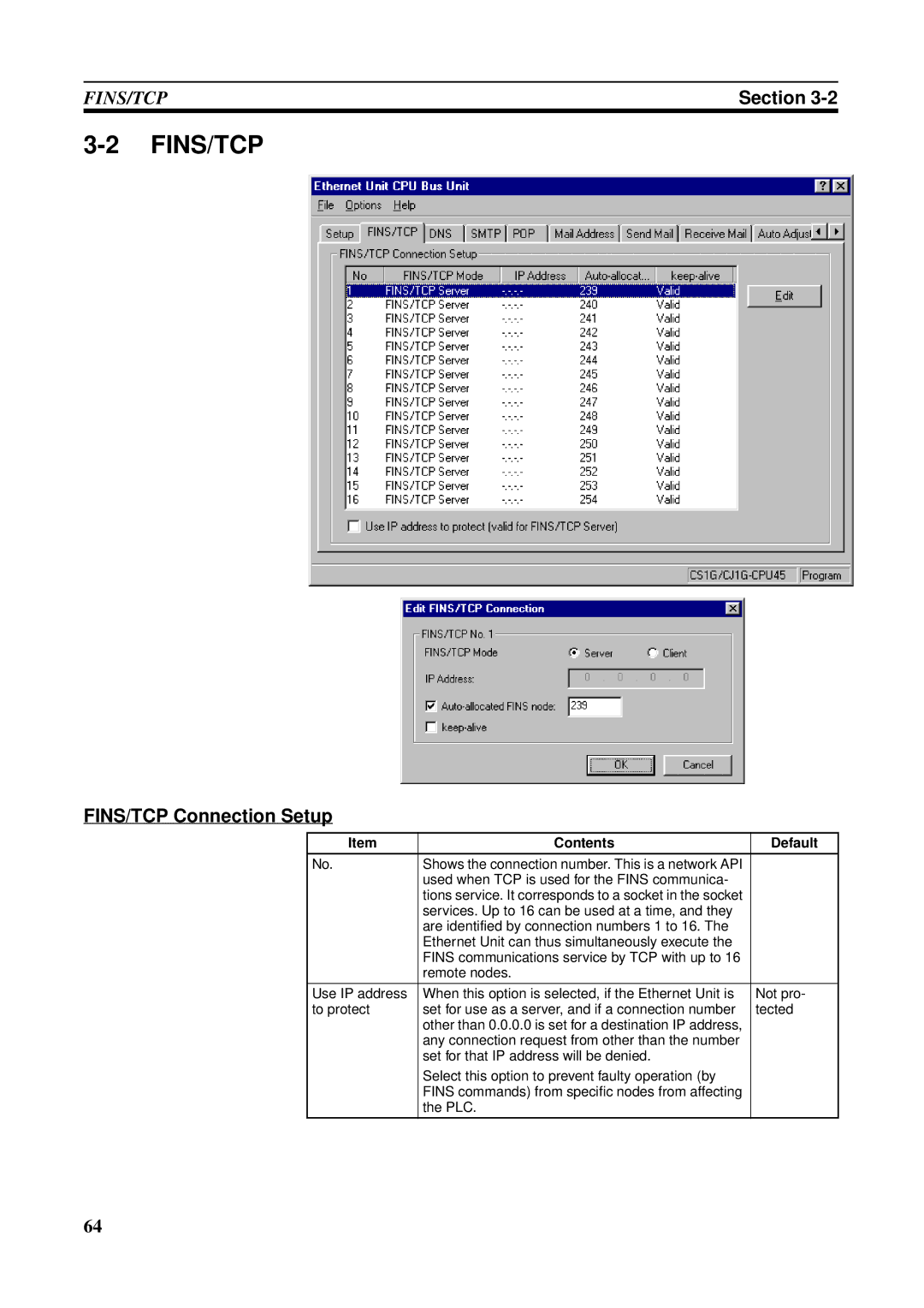 Omron CS1W-ETN21 operation manual Fins/Tcp, FINS/TCP Connection Setup 