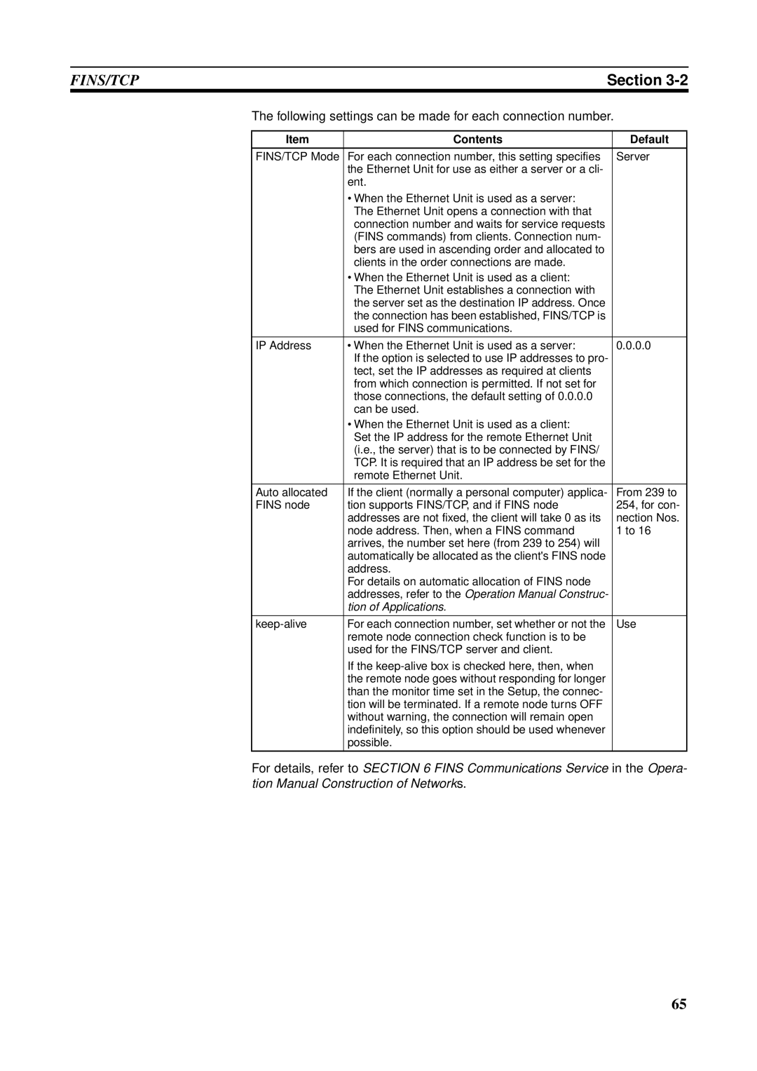 Omron CS1W-ETN21 operation manual Following settings can be made for each connection number, Tion of Applications 