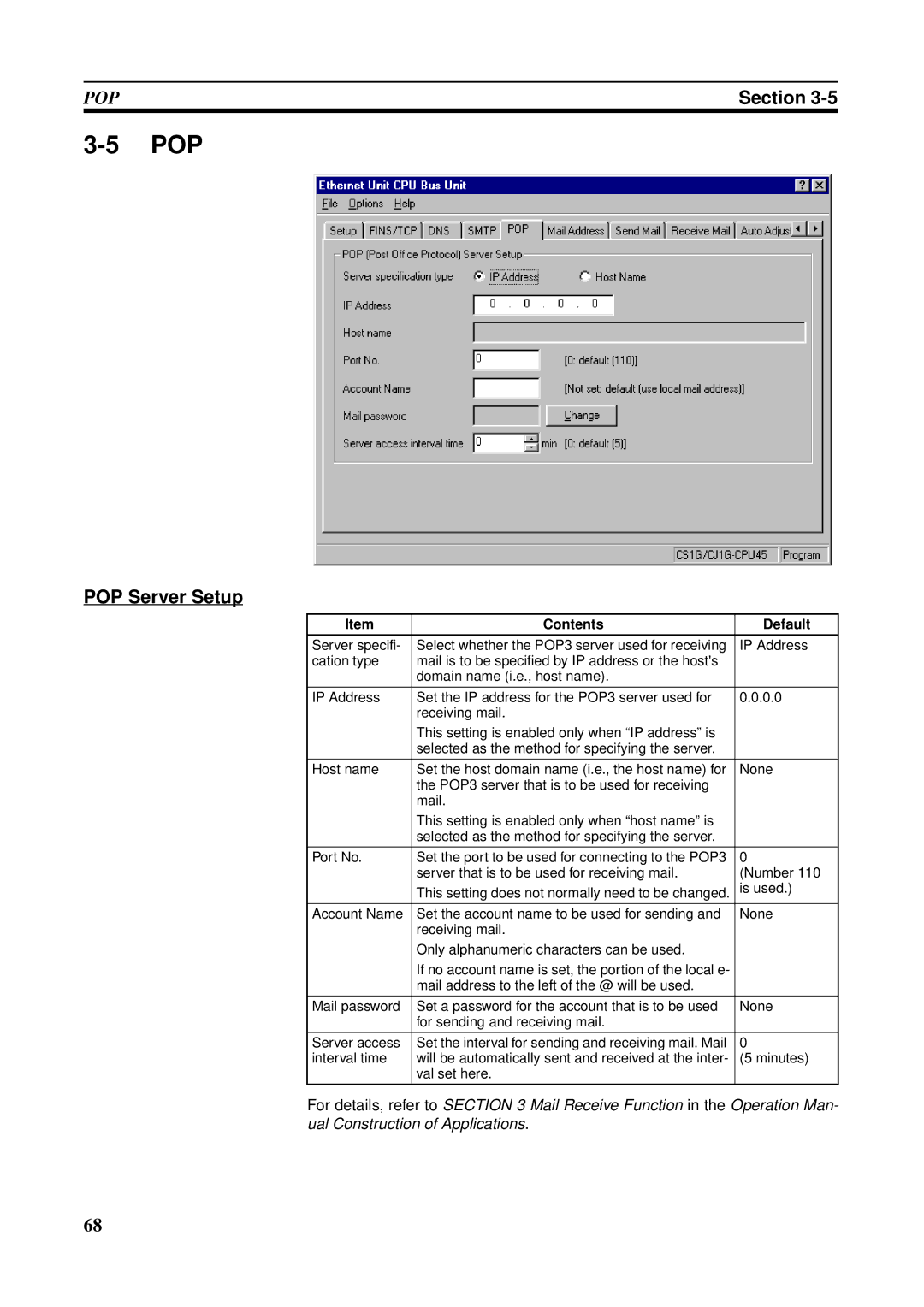 Omron CS1W-ETN21 operation manual Pop, POP Server Setup 