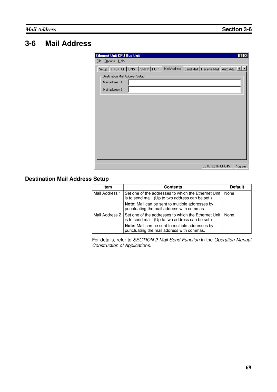 Omron CS1W-ETN21 operation manual Destination Mail Address Setup 