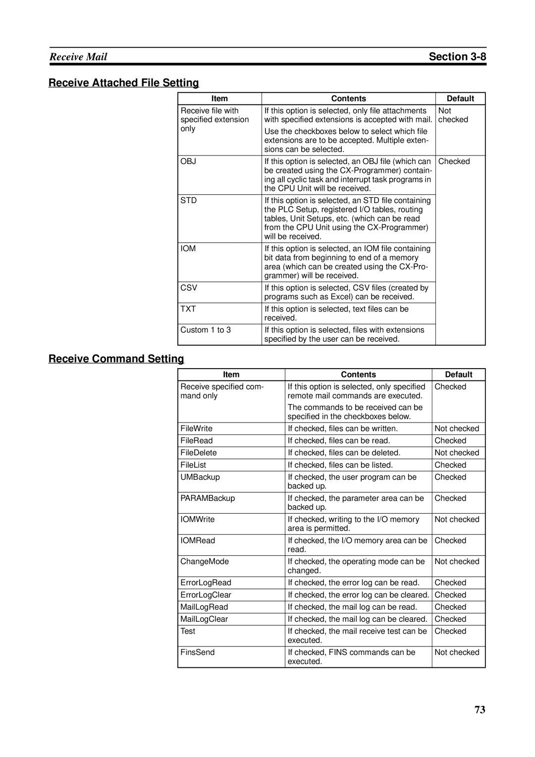 Omron CS1W-ETN21 operation manual Receive Attached File Setting, Receive Command Setting 