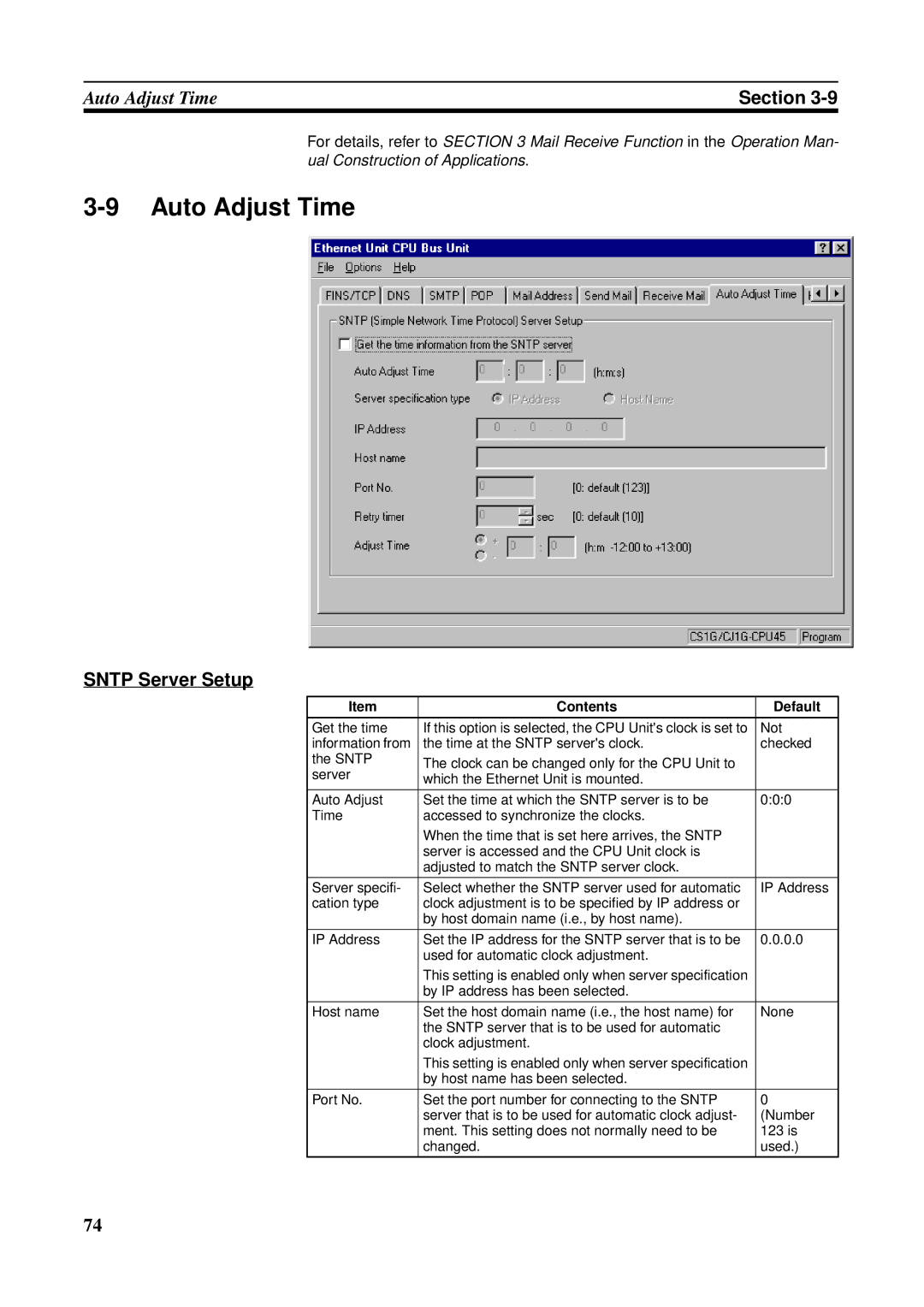 Omron CS1W-ETN21 operation manual Auto Adjust Time, Sntp Server Setup 